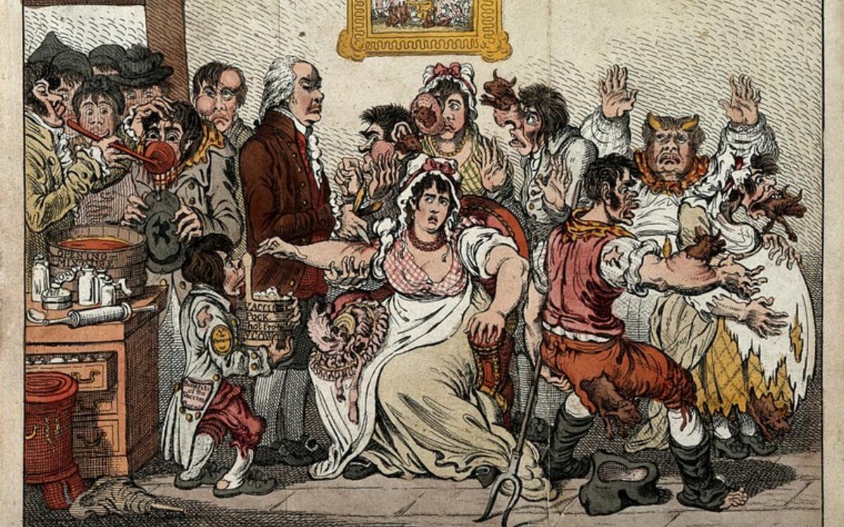 Credit: Edward Jenner among patients in the Smallpox and InoculationColoured etching after J. Gillray, 1802. Credit: Wellcome Collection. Attribution 4.0 International (CC BY 4.0)