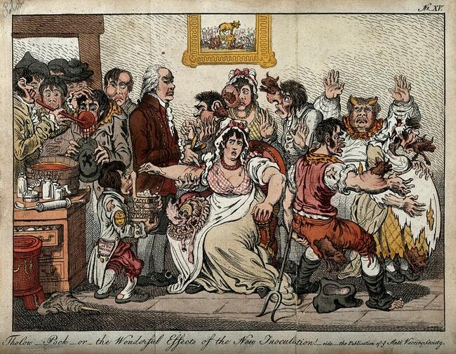 Credit: Edward Jenner among patients in the Smallpox and InoculationColoured etching after J. Gillray, 1802. Credit: Wellcome Collection. Attribution 4.0 International (CC BY 4.0)
