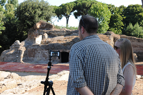 Students recording video footage on site at Portus