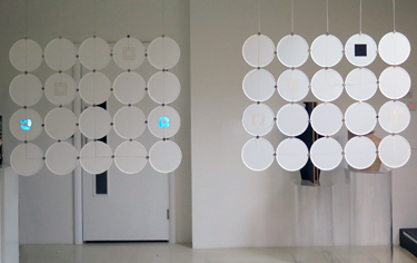 Diffus Blind modular designs with EL lamps, speakers, proximity sensors and thermochromic colour change discs